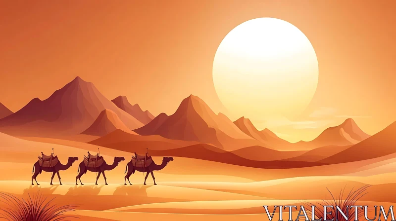 Camels in the Desert at Sunset AI Image