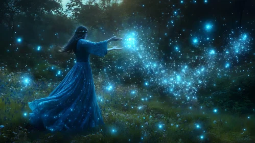 Mystical Forest Woman with Glowing Sparks