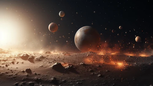 Captivating Artwork of Planets in Space with Volcanic Flares and Stars
