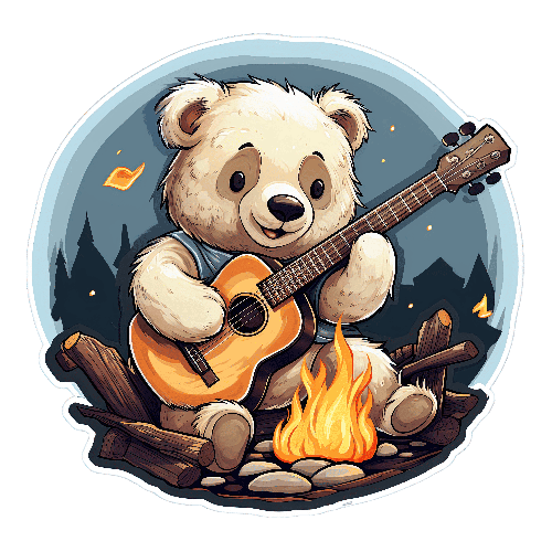 Cartoon Teddy Bear Playing Guitar by Campfire - Peaceful Forest Setting POD Design