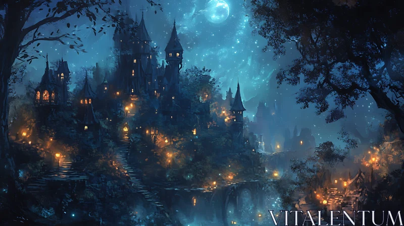 Mystical Castle in the Night AI Image