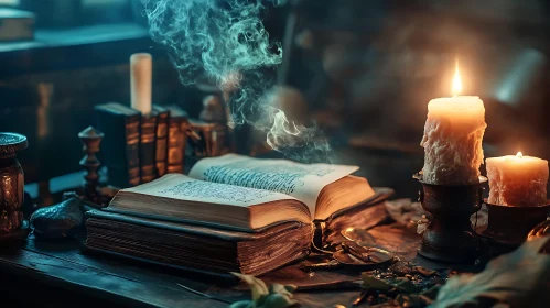 Mystical Books and Candlelight Still Life