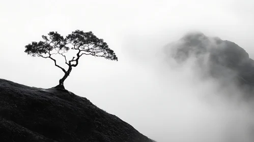 Solitary Tree in Foggy Mountain