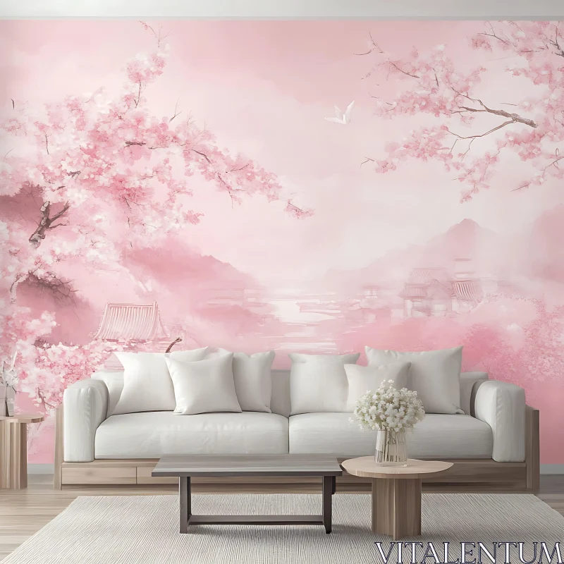 Serene Living Room with Cherry Blossom Decor AI Image