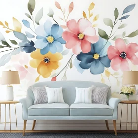 Living Room with Pastel Floral Wall Art