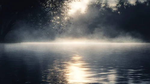 Foggy Sunrise with Tranquil Lake Reflection