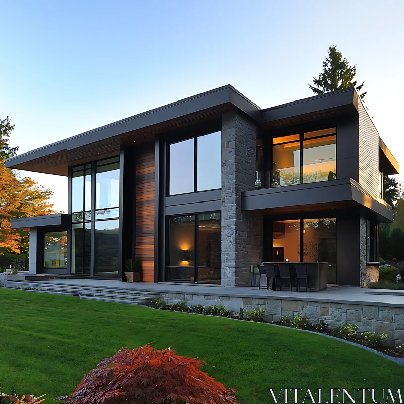 Contemporary Luxury Home with Glass and Stone Elements AI Image