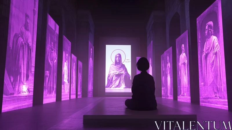 Woman Contemplates Glowing Purple Statues AI Image