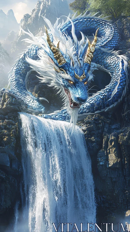 AI ART Fantasy Dragon Waterfall Scene