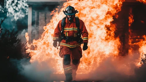 Firefighter in Action Amidst Blazing Flames