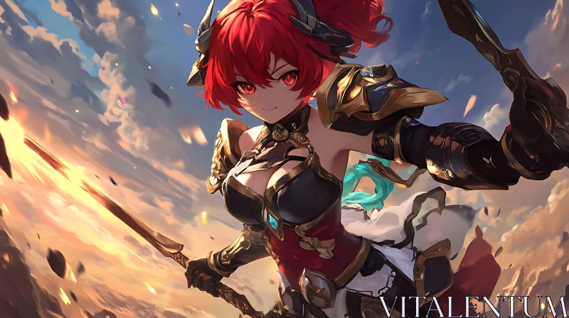 AI ART Red-Haired Anime Warrior in Armor