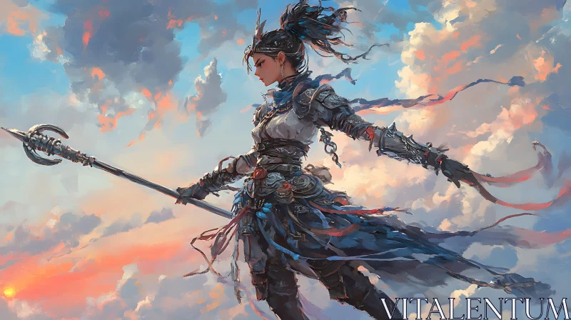 Female Warrior in Cloudy Sky AI Image