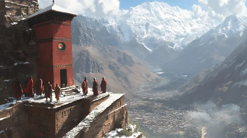 Serene Mountain Landscape with Monks