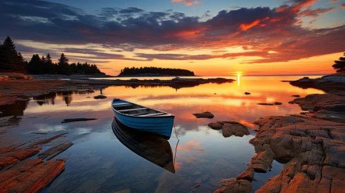Serene Seascape: Boat by the Water Under Richly Colored Skies