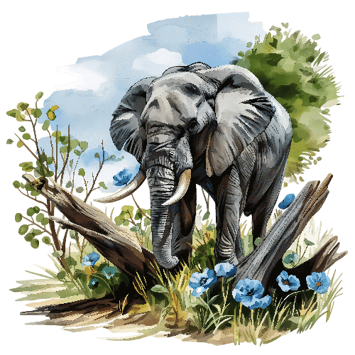 Watercolor Elephant in Blue Flower Field Art