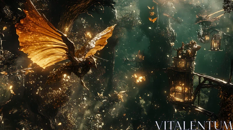 Fantastic Golden Winged Bird in Fantasy AI Image