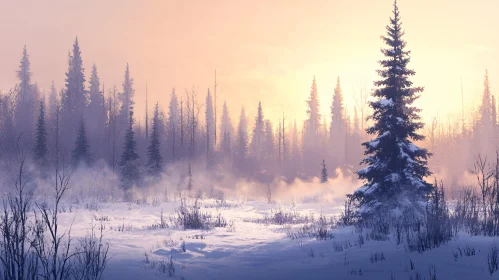 Snowy Pine Forest at Sunrise