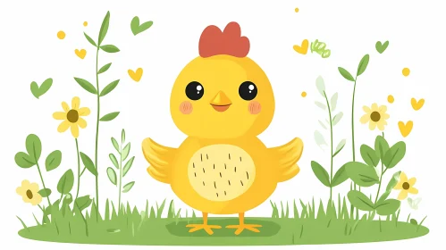 Cute Yellow Chick in Greenery