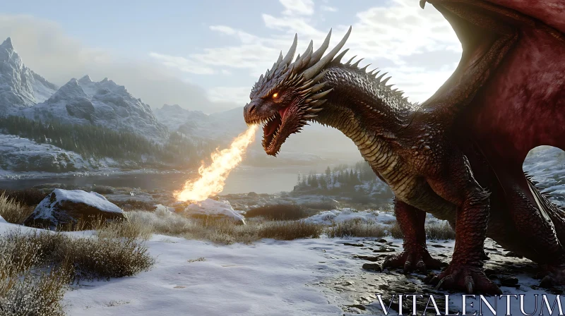 Dragon's fiery breath in winter landscape AI Image