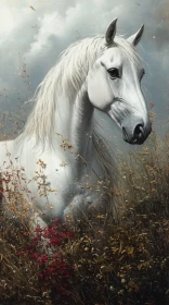 Elegant White Horse Amidst Autumn Weeds