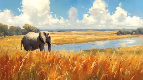 Serene Elephant and Savanna Scene