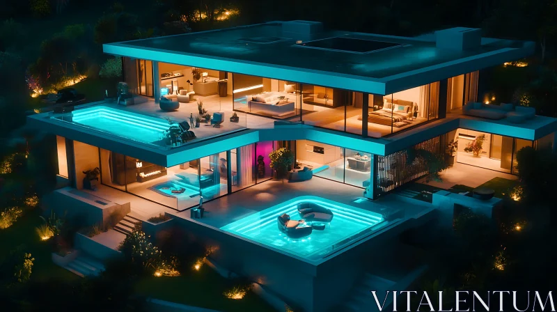 Night View of a Opulent Modern House AI Image