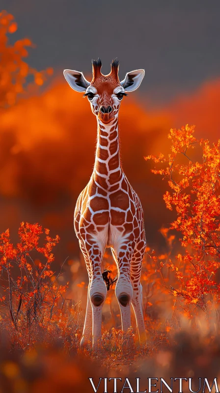 Young Giraffe Amongst Vibrant Autumn Leaves AI Image