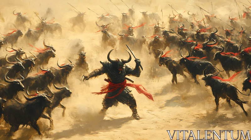 AI ART Bull Herd and Warrior in Desert