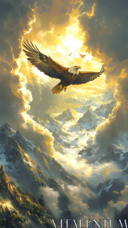 Mountain Eagle in Sunlit Clouds AI Image