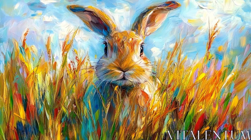 Colorful Bunny Art in Tall Grasses AI Image