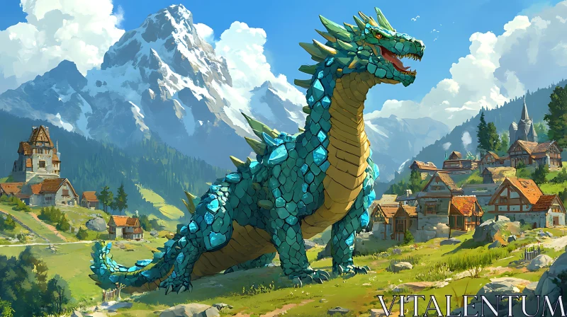 AI ART Turquoise Dragon in Alpine Village Scene