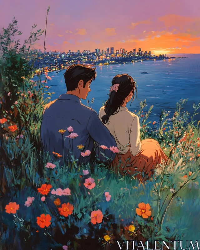 AI ART Couple Watching Sunset Over City