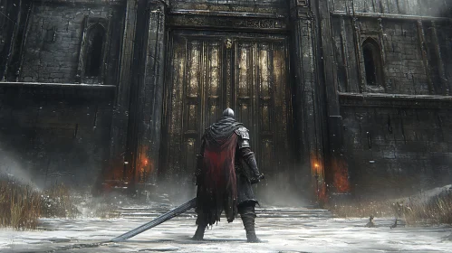 Armored Warrior Before Imposing Gates