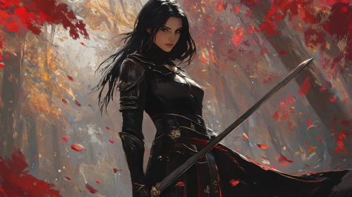 Female Warrior in Autumn Landscape