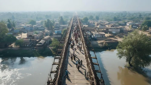 People Crossing Bridge in Village