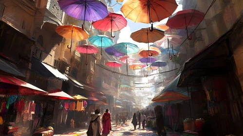 Umbrella Canopy Over Bustling City Market