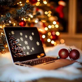 Holiday Cheer with Laptop and Christmas Ornaments