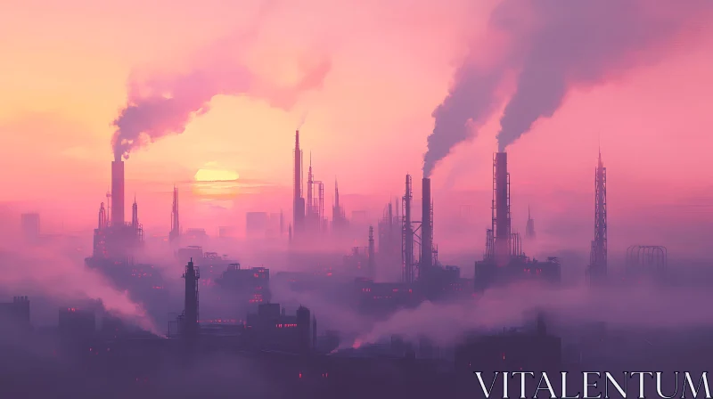 Industrial Sunset: City in Smog AI Image