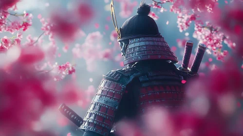 Armored Samurai with Blossoming Flowers