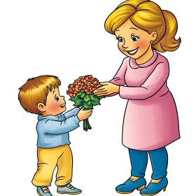 Cartoon Illustration: Boy Giving Flowers to Mother