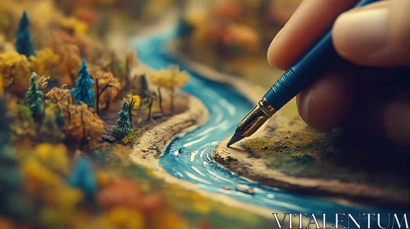 Artistic River Painting with Fountain Pen AI Image