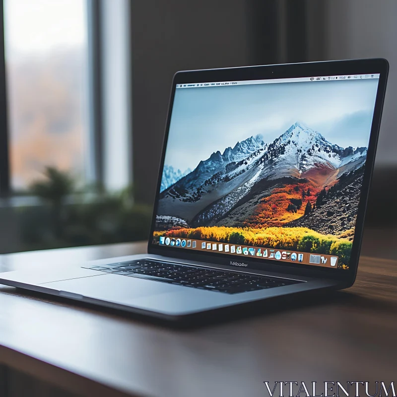 Laptop Displaying Mountains on Desk AI Image