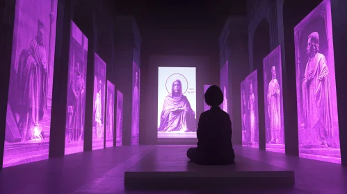 Woman Contemplates Glowing Purple Statues