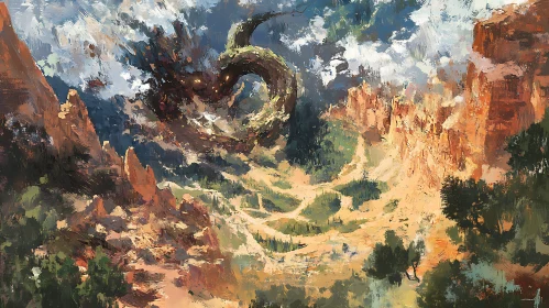 Mountainous Landscape with Dragon Art