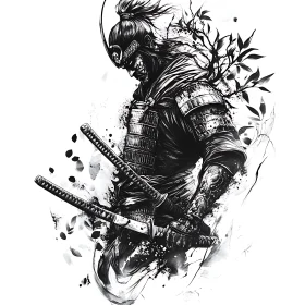 Monochrome Samurai Warrior with Katanas