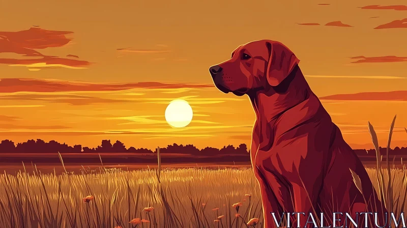 Dog at Sunset in Vast Field AI Image