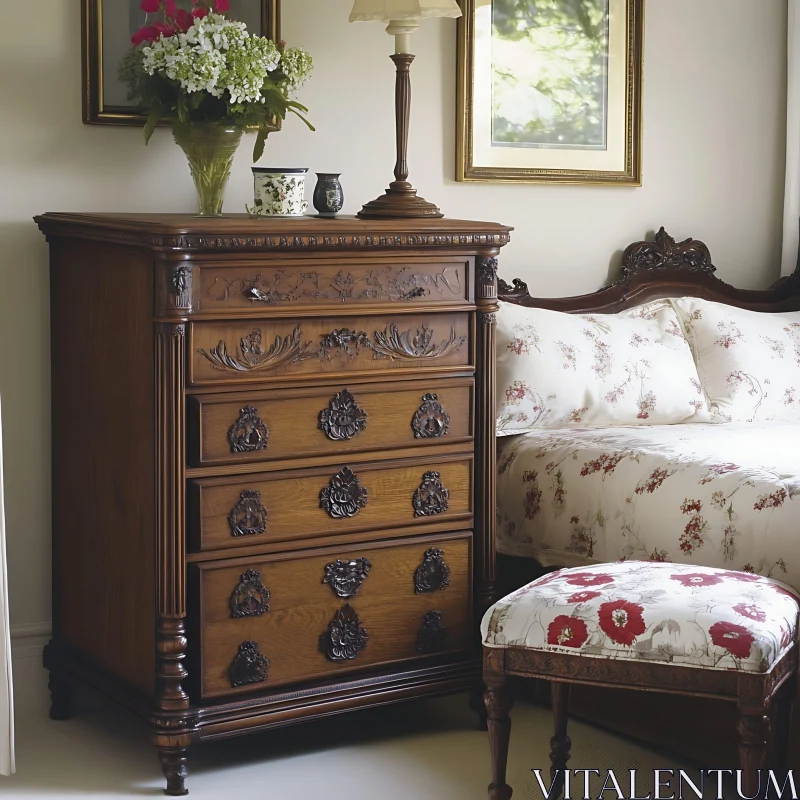 Elegant Antique Bedroom Furniture with Floral Accents AI Image