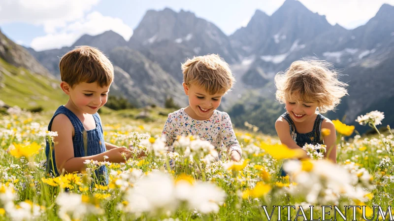 Kids in Flower Field with Mountains AI Image