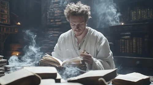 Man Reading Old Books in Smoky Library