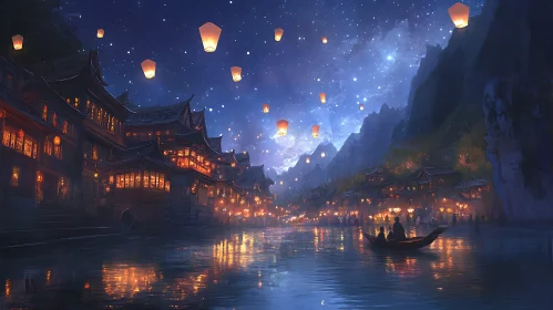 Floating Lanterns Night Scene